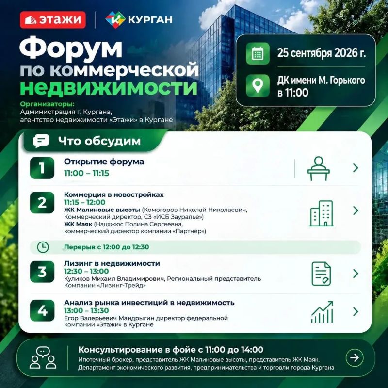 Администрацией города Кургана в целях поддержки предпринимателей и создания условий для привлечения инвестиций в экономику города совместно с агентством недвижимости «Этажи» организуется мероприятие для предпринимателей...